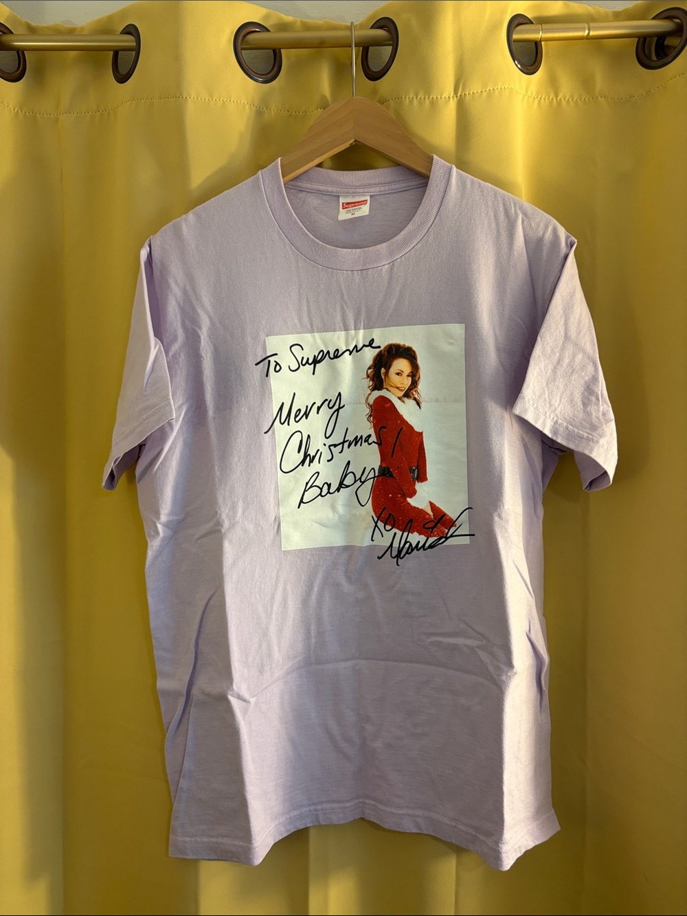 Supreme Lavender Crewneck Tee with Mariah Carey Signed Holiday Photo Graphic